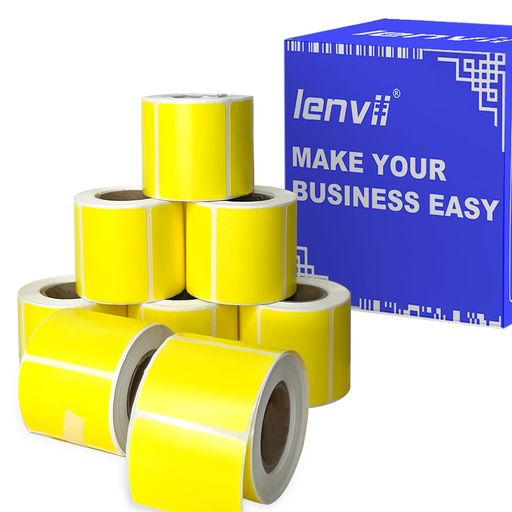 LENVIIイエロー40x30mm感熱ラベルシール|防水・耐油・高耐熱・防破れ仕様|直接感熱矩形型感熱プリンター引き裂き防止印刷ラベル250枚/1巻計8巻2000枚|物流PDラベル/食品表示/QRコード対応|梱包…