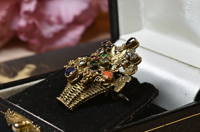 楽天市場 アンティーク ジュエリー 花籠 ブローチ ピン １８ct ルビー エメラルド サファイア アメシスト トパーズ オレンジメノウブローチ Goodwill アンティーク