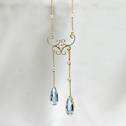 アンティークジュエリー ゴールド アクアマリン ダイヤモンドペンダント 15金 Necklaces ネックレス レディース
