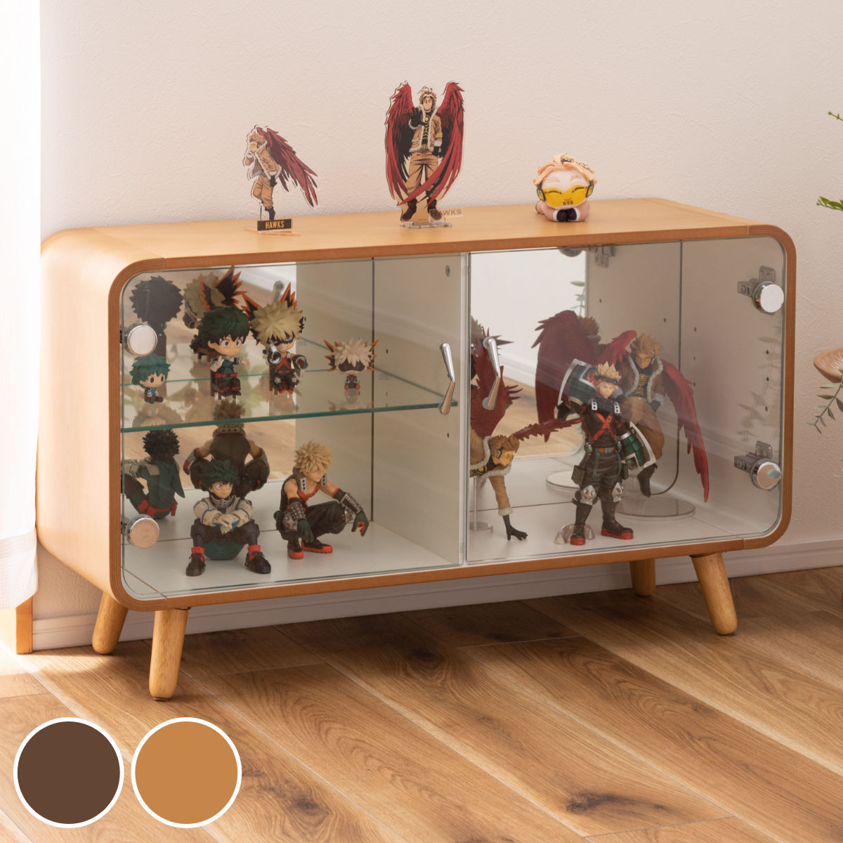 コレクションラック ロータイプ ショーケース 背面ガラス 約幅80cm （ ラック コレクション ガラスキャビネット ガラス棚板 完成品 キャビネット ディスプレイ 背面ミラー ガラス 可動棚 収納 ブラウン ナチュラル ） 【GWM】｜good wood mood 20,936円