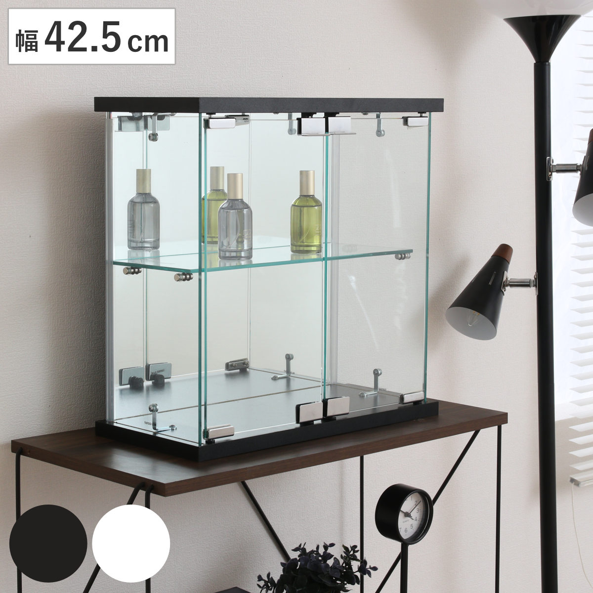 コレクションケース ガラス 幅42.5cm 背面ミラー ( 卓上 コレクション ラック 棚 ディスプレイ ガラス製 全面ガラス 棚上 収納 展示 フィギュアケース 見せる収納 ホワイト ブラック 白 黒 )【GWM】|good wood mood