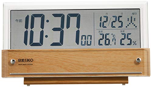 セイコークロック(Seiko Clock) 置き時計 目覚まし時計 電波 デジタル カレンダー 温度湿度表示 シースルー液晶 薄茶木目模様 本体サイズ:10.7×19×4.1cm SQ782B
