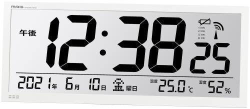 MAG(マグ) 大型 掛け時計 壁掛け時計 置き掛け兼用 スタンド 電波時計 デジタル 温度計 湿度計 温湿度計 カレンダー オフィス 業務用 チャイム4回 縦22.6横55.1 ホワイト グランタイム W-780 WH-Z ノア精密｜GOODWOODS