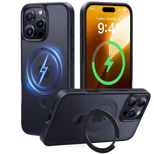 8年間の技術結晶！4in1超万能モデルCASEKOO iPhone 16 Pro 用 ケース 米軍MIL規格 横縦両立 指紋防止 マット仕上げ 最大25W急速充電対応 MagSafe対応 黄変防止 半透明 ストラップホール付き ワイヤレス充電対応 いphone16pro 用ケース 6.3インチ「MagicStand」(ブラック)