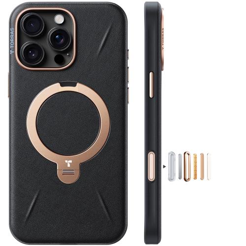 新感覚レザースキンタッチTORRAS iPhone 16 Pro Max 用 ケース 革 ゼンマイ式スタンド 縦横両対応 リング マグネット搭載 MagSafe対応 ワイヤレス充電対応 米軍規格耐衝撃 指紋防止 黄変防止 6.9インチ Ostand Q3 レザートーン こくようブラック