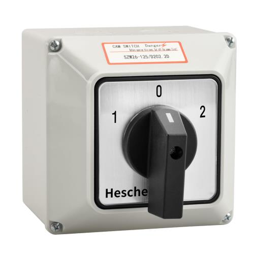 Heschen ユニバーサルロータリーカムセレクター切替スイッチ SZW26-125/D202.2D 660V 125A ON-OFF-ON 3ポジション 2フェーズ 8端子 マスタースイッチ外装ボックス付き