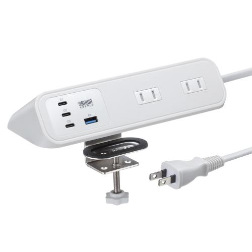 サンワサプライ クランプくっ付ける式水道栓（AC4個口＋USB-C3＋USB-A1PD65W白いこと） TAP-B114UC-2W