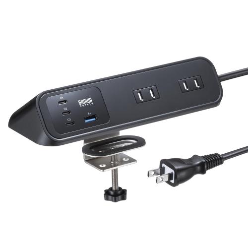 サンワサプライ クランプくっ付ける式水道栓（AC4個口＋USB-C3＋USB-A1PD65W黒いこと） TAP-B114UC-2BK