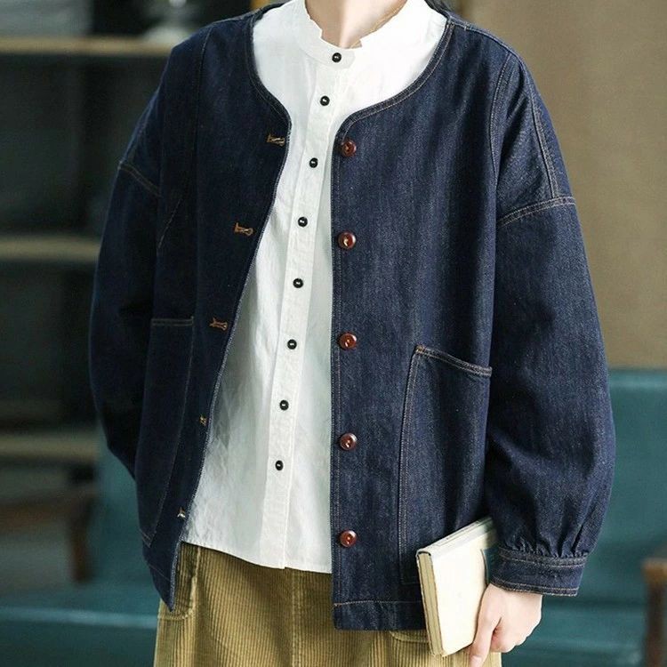 Gジャンデニムジャケットジャケットアウターコートレディースゆったりトップス長袖秋服秋ノーカラーおしゃれデニムポケット付きオシャレきれいめ体型カバ春服春女子