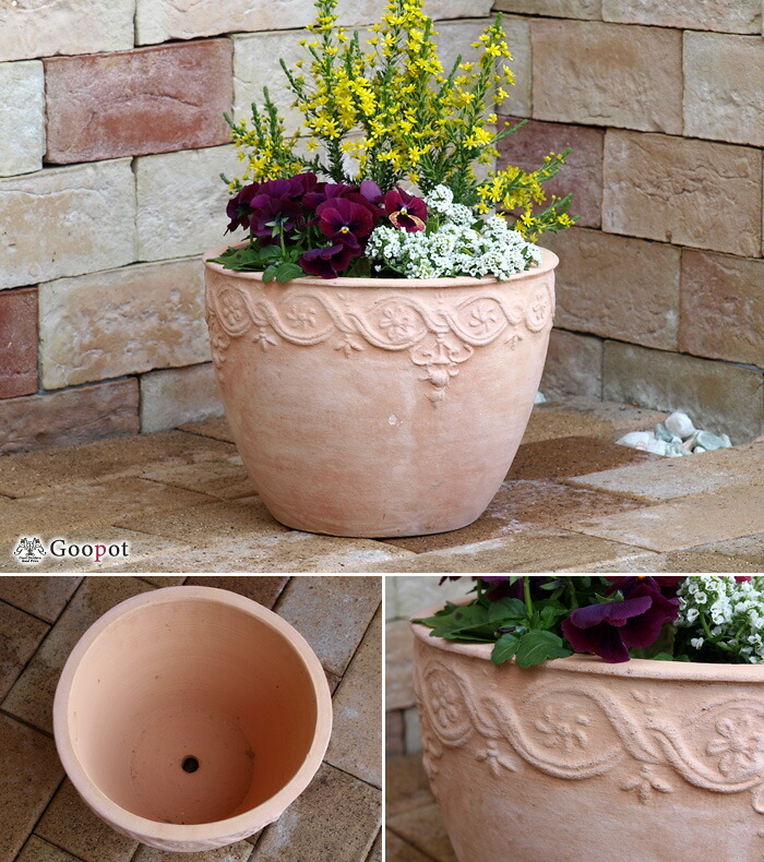 おしゃれ 植木鉢 土 肥料のセット 模様入り 丸型 Hms 白粉 素焼き鉢 テラコッタ 鉢 小 25cmと培養土と鉢底石と鉢底ネットと肥料のセット Korkmazmauritius Com