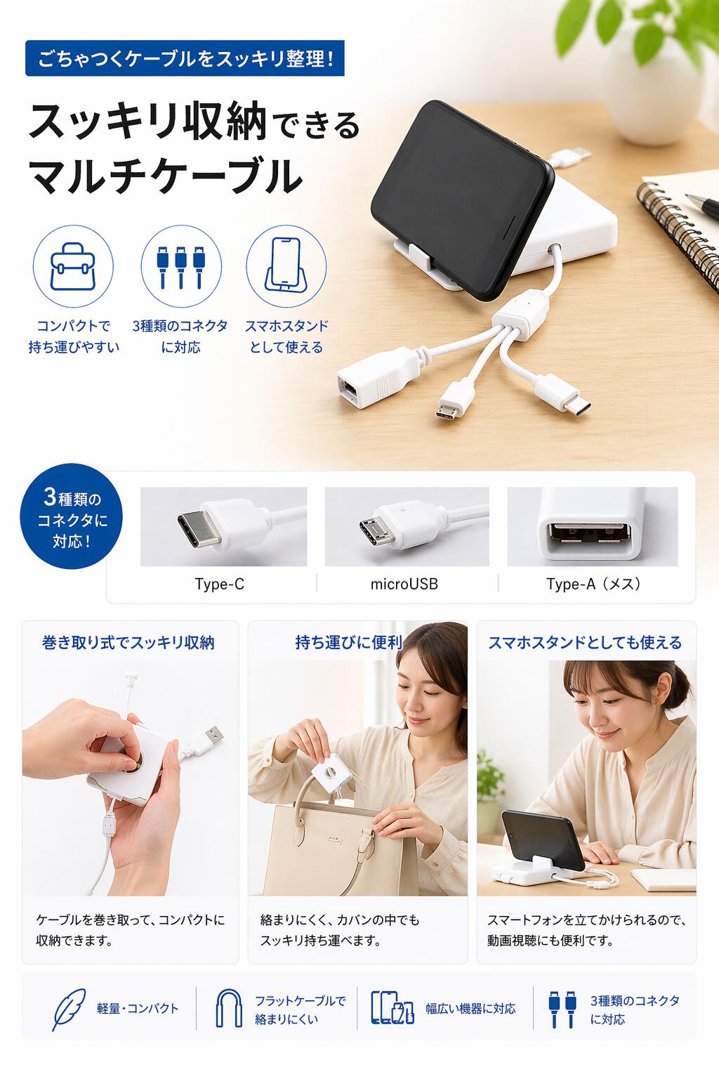 237001 スマホスタンド付き添い人 有線テレビ保持者 3インチ1 USB有線テレビ内蔵 Type-C microUSB USB-A相応う パウダーコンパクト納める 持ちはこぶ助けになる 多役立つこと有線テレビ 申し受ける有線テレビ