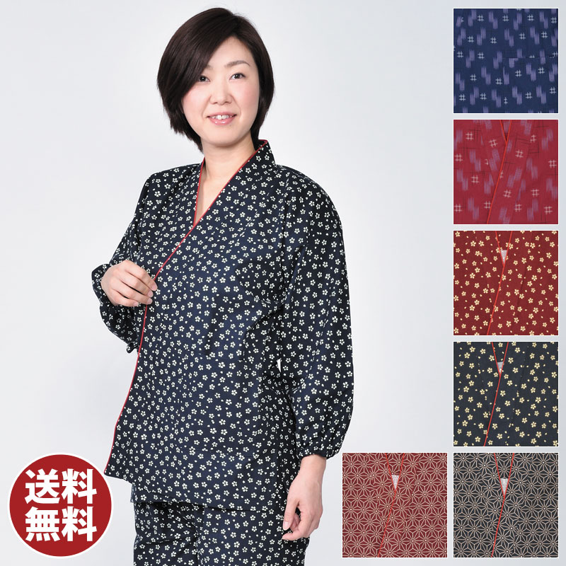 作務衣 さむえ さむい 作務服 天然ゴム袖 レディース お上さん お上さん 馬鹿でかい大いさ 春夏秋冬 通年 和柄 桜 井桁絣 麻の葉 洗える M L大いさ [お上さん作務衣 赤 紫 紺 (M-L)] 敬老の日 母の日 差し上げ物