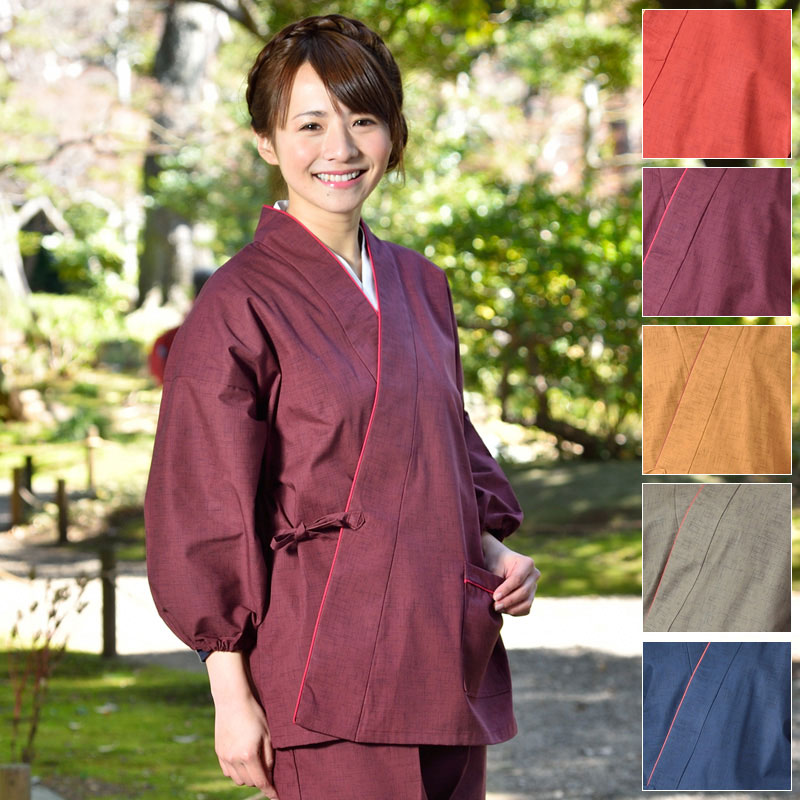 作務衣 さむえ さむい 作務服 制服 ユニフォーム レディース 亭主もち 亭主もち 住職 お寺さま 寺用 大層らしい大きさ 春夏 春夏用 洗える 日本製 M L大きさ 綿100％ 予防医学袖 予防医学裾 [和色さむえ 赤 紫 山吹 緑 紺 (M-L)] 母の日 差し上げ物 貨物輸送無料