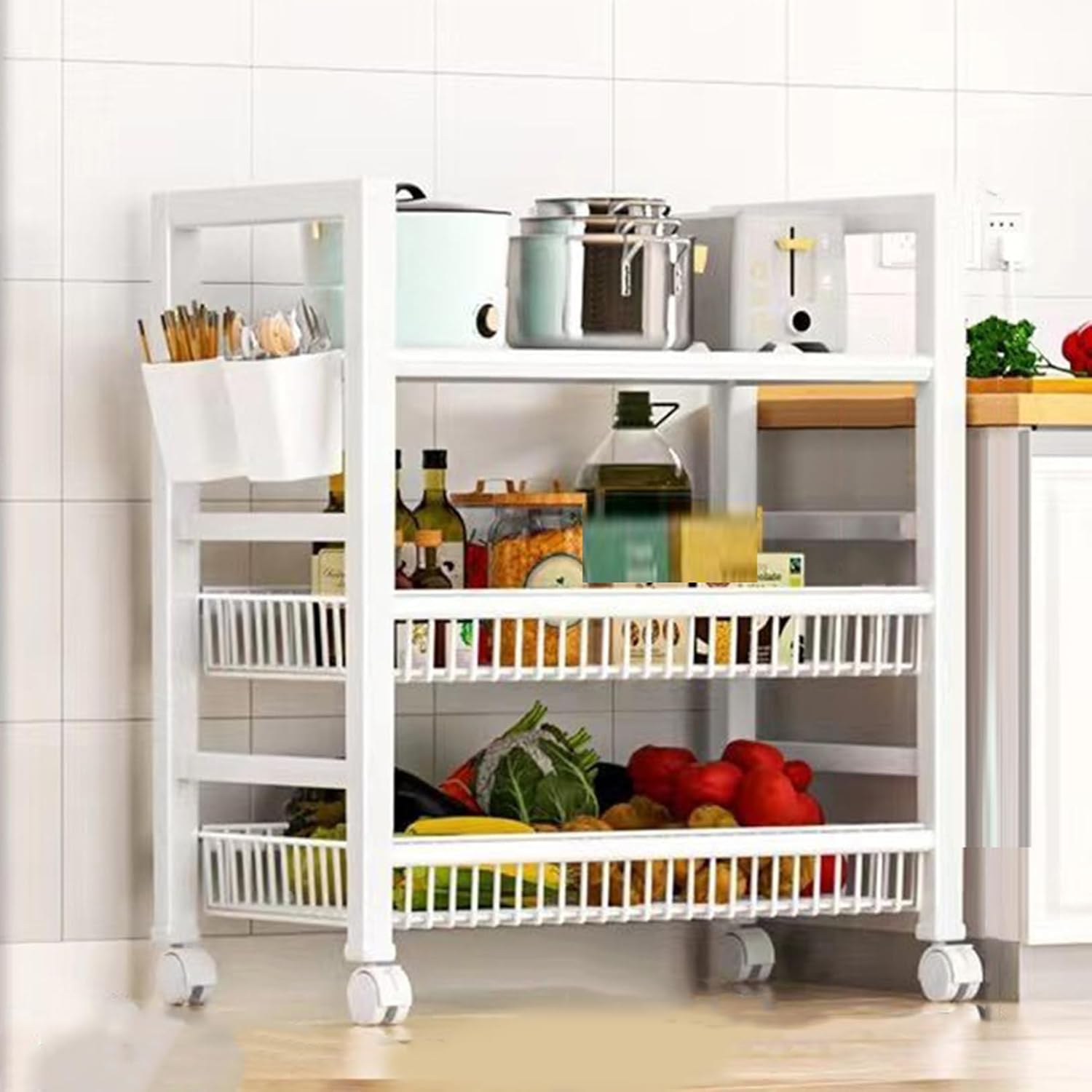 バスケット付き キッチンラック 3段 幅60cm キャスター付き ホワイト 収納棚 キッチンシェルフ キッチンワゴン キッチン収納棚 キッチン棚収納 台所収納棚 ランドリー収納棚 洗面所収納棚 脱衣所|GOTO funny 店