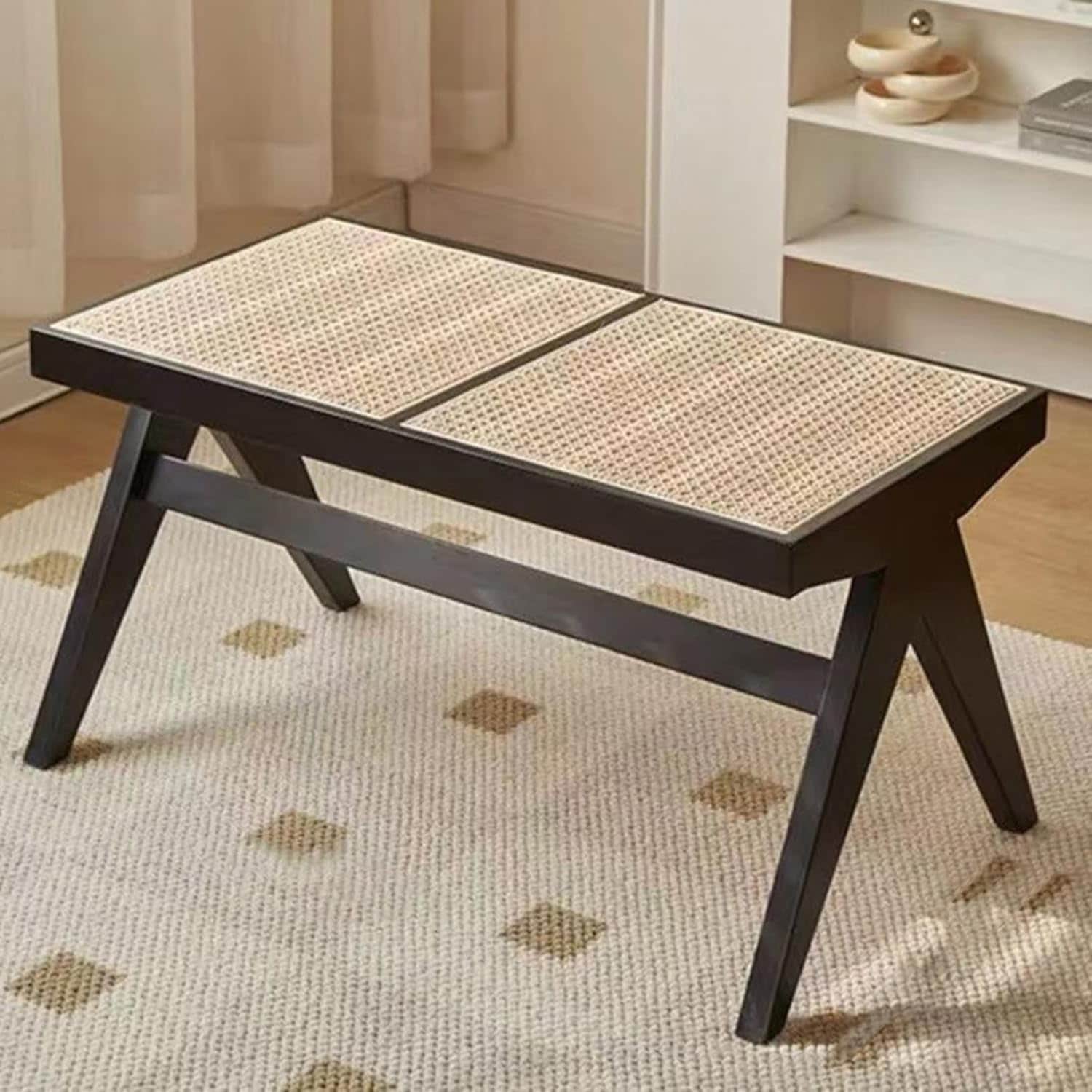 ダイニングベンチ 木製 86*50*46 籐編み 2人掛け 靴交換スツール タイプ 玄関ベンチ ガーデンベンチ 木製ベンチ フットスツール 長椅子 天然木 1人掛け 2人掛け 籐編み 玄関 ナチュラル｜GOTO funny 店