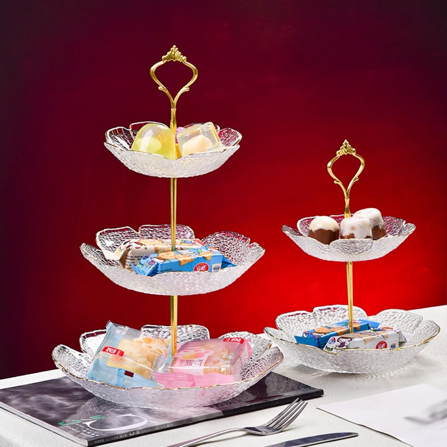 ケーキスタンド アフタヌーンティースタンド 花型ガラス お菓子/カップケーキ ケーキ陳列台 透明ガラス 北欧風 フルーツプレート デザート展示台 フラワー 3層 2層 テーブルデコレーション 宴会 ?