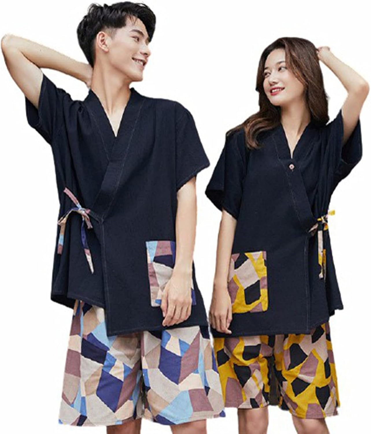 綿 パジャマ ペア 和風 浴衣 甚平 半袖 夏 ルームウェア ナイトウェア カップル お揃い 2着セット 上下セット 前開き 紐 通気 吸汗速乾 涼しい 肌に優しい ワイド 可愛い レディース メンズ｜GOTO funny 店