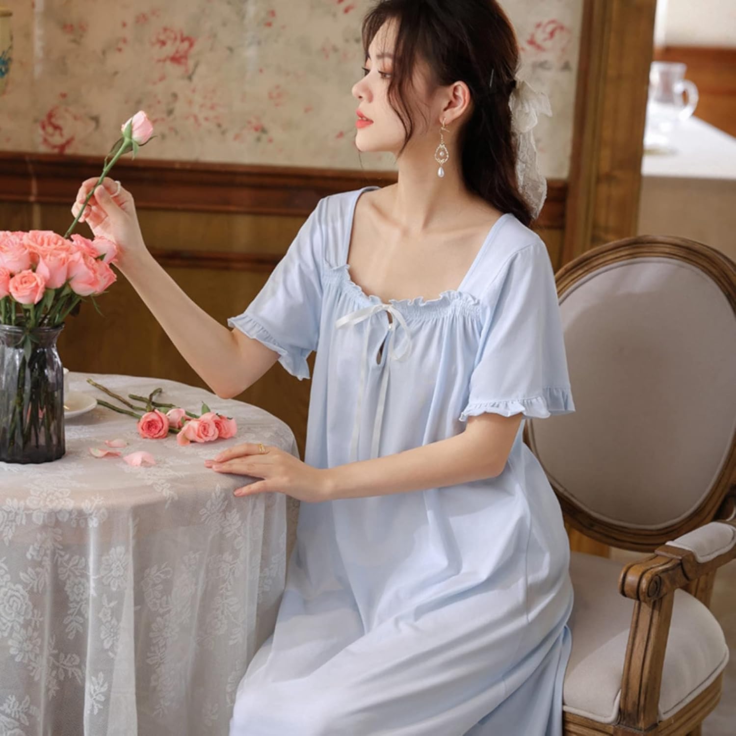 半袖 ネグリジェ 姫系 ルームワンピース 夏 パジャマ レディース コットン 柔らかい 肌に優しい 部屋着 寝巻き 薄手 ワイド 通気 吸湿 ナイトウェア お出掛け 寝やすい おしゃれ カワイイ|GOTO funny 店