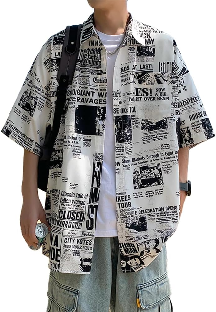 英文ロゴ カジュアルシャツ メンズ 半袖 レトロスタイル 開襟 トップス 通気 涼しい 大きいサイズ M~3XL
