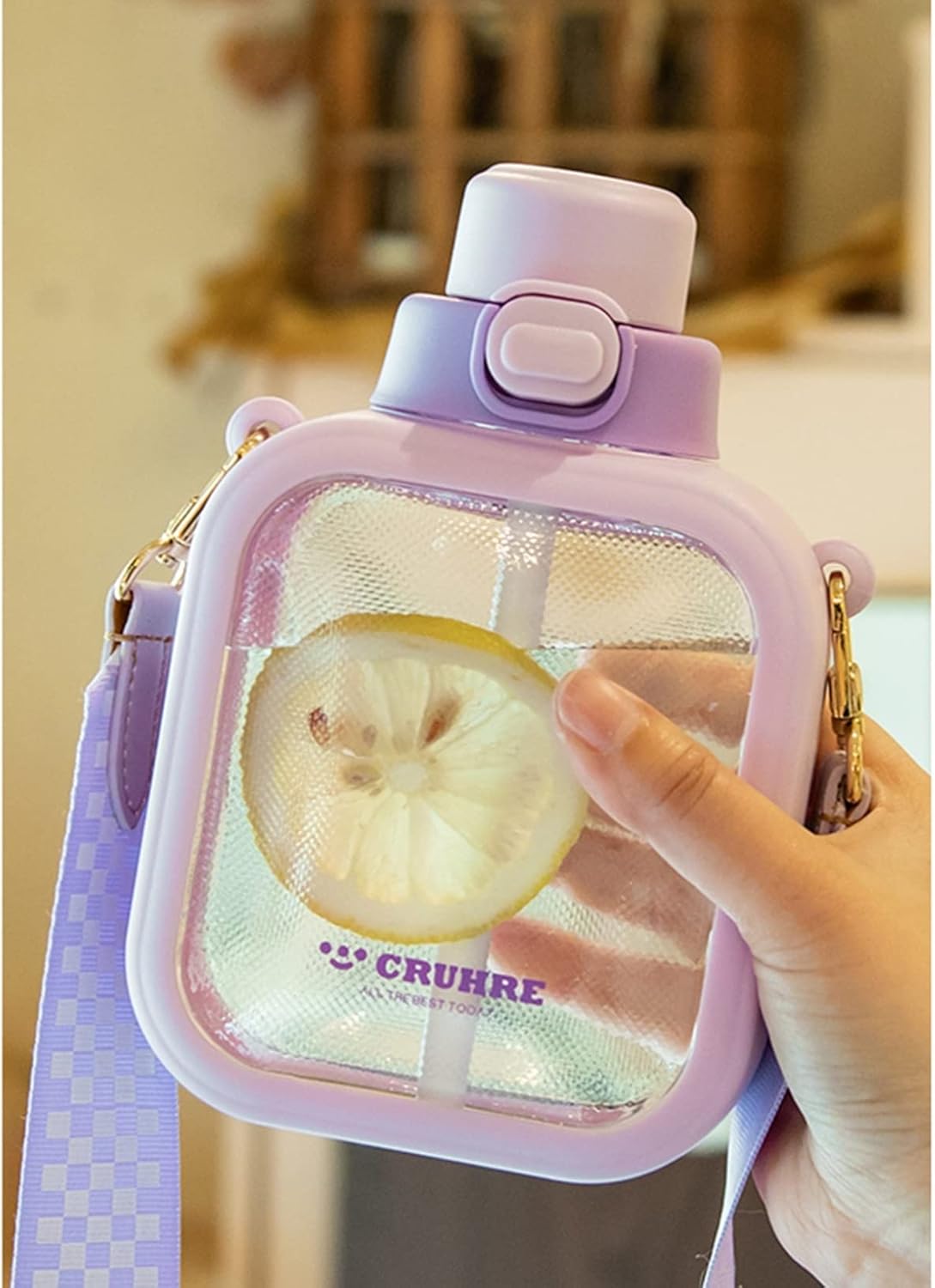 方形水筒 ストロー 面白 可愛い クリアボトル ウォーターボトル 700ml おしゃれ 女の子 キッズ ワンタッチオープン 携帯便利 ベルト付き 水分補給 スポーツ 運動用 透明 サイクリング イエロ