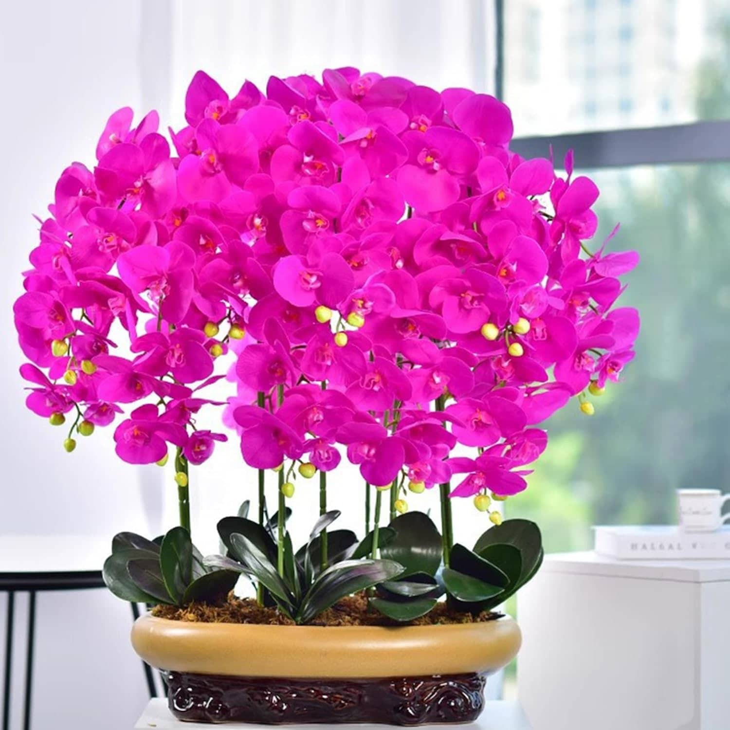 造花 夢見鳥蘭 F 大輪 鉢植え フェイクフラワー 人工観葉草木 PU触れ合う 実際的 02書き割り 室内装飾 事務室 泊まり バス発着場 向こう正面 リビング 飾りつけ 枯れない 取りつくろう不必要 開店祝い事 移し替える祝い事