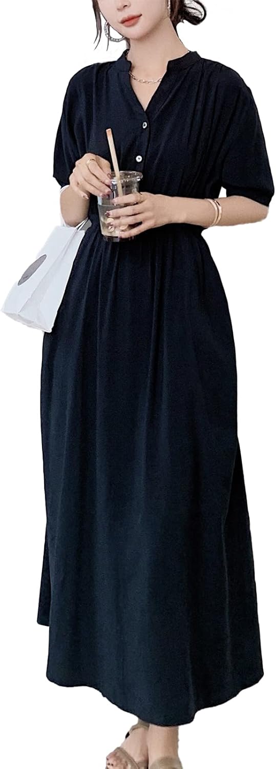 ロングワンピース レディース 夏 半袖 Vネック ミモレ Aライン 黒 着痩せ ゆったり ドレス フォーマル 通勤 カジュアル