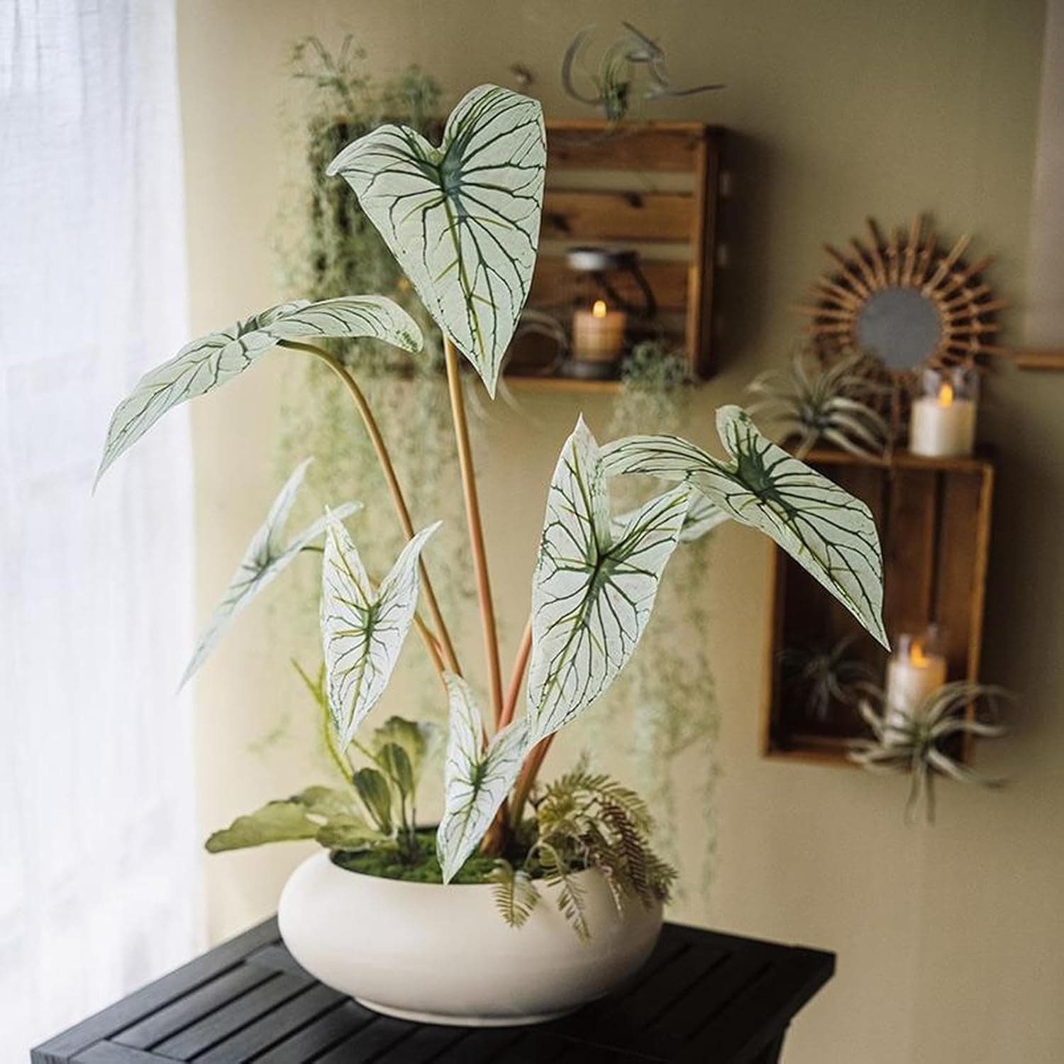人工観葉植物 インテリア フェイクグリーン カラジウム リビング 階段下 造景 フェイクプランツ F 室内 おしゃれ 空間演出 リアル感 耐退色 耐候 ディスプレイ 造花 葉物 生気に満ち 01セット｜GOTO funny 店