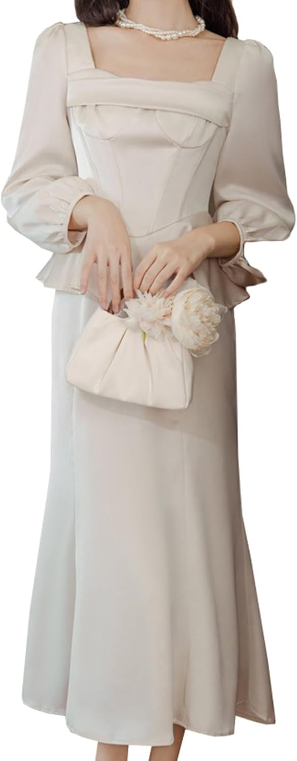 ロングワンピース レディース 長袖 S 杏色 ワンピース スクエアネック 無地 着痩せ 春夏秋 洋服 30代 40代 50代 60代 大人 カジュアル お呼ばれ 通勤 通学 結婚式 二次会 フォーマル
