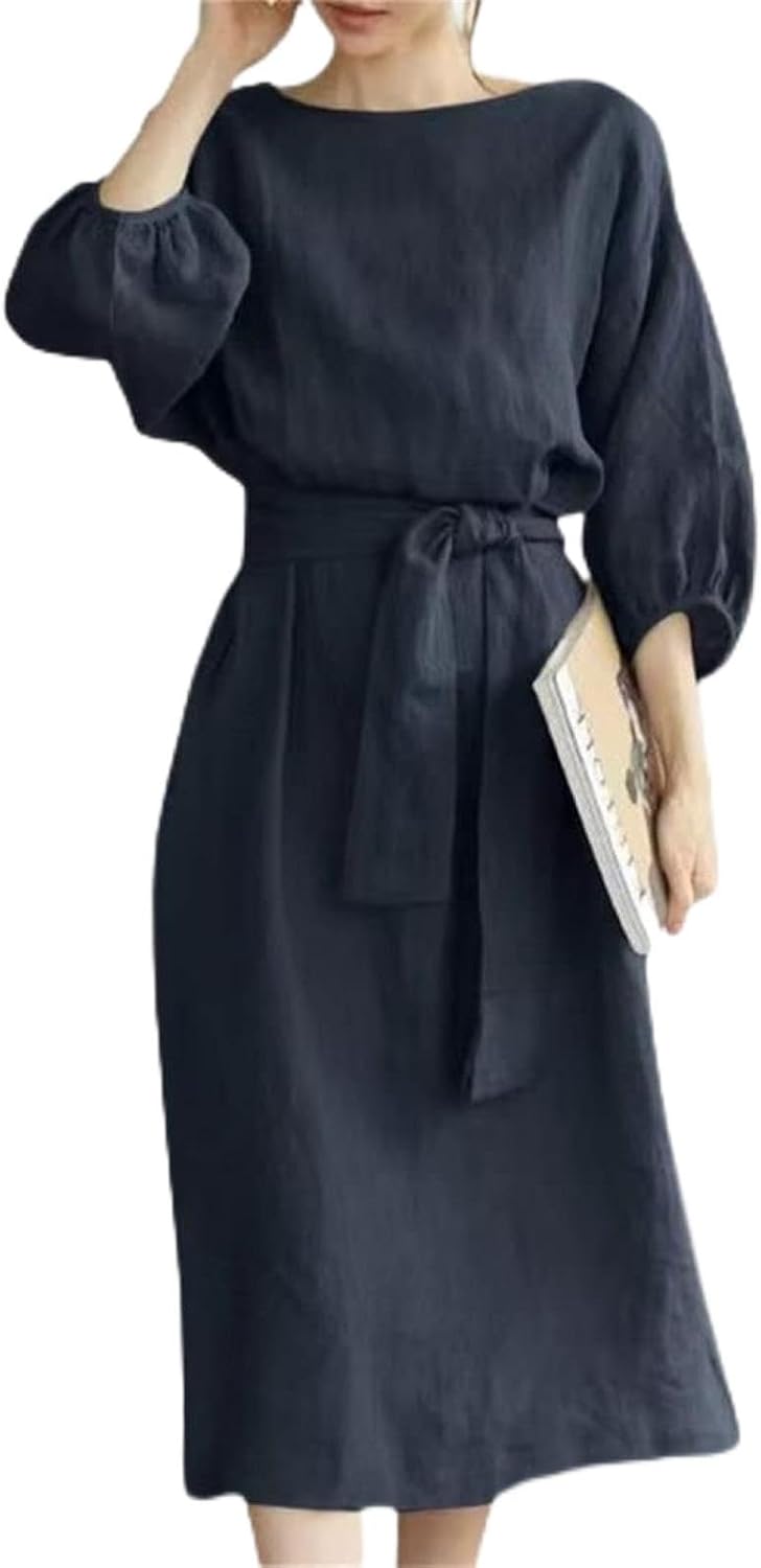 リネン衣装 半袖 ロング衣装 綿麻 ミモレ丈 自然的 成年者好いたらしい 体型押しかぶせる 着回し 夏 衣装 春 秋 冬 ロング衣装 レディース 上衣 マキシ丈 トップス 気が大きい