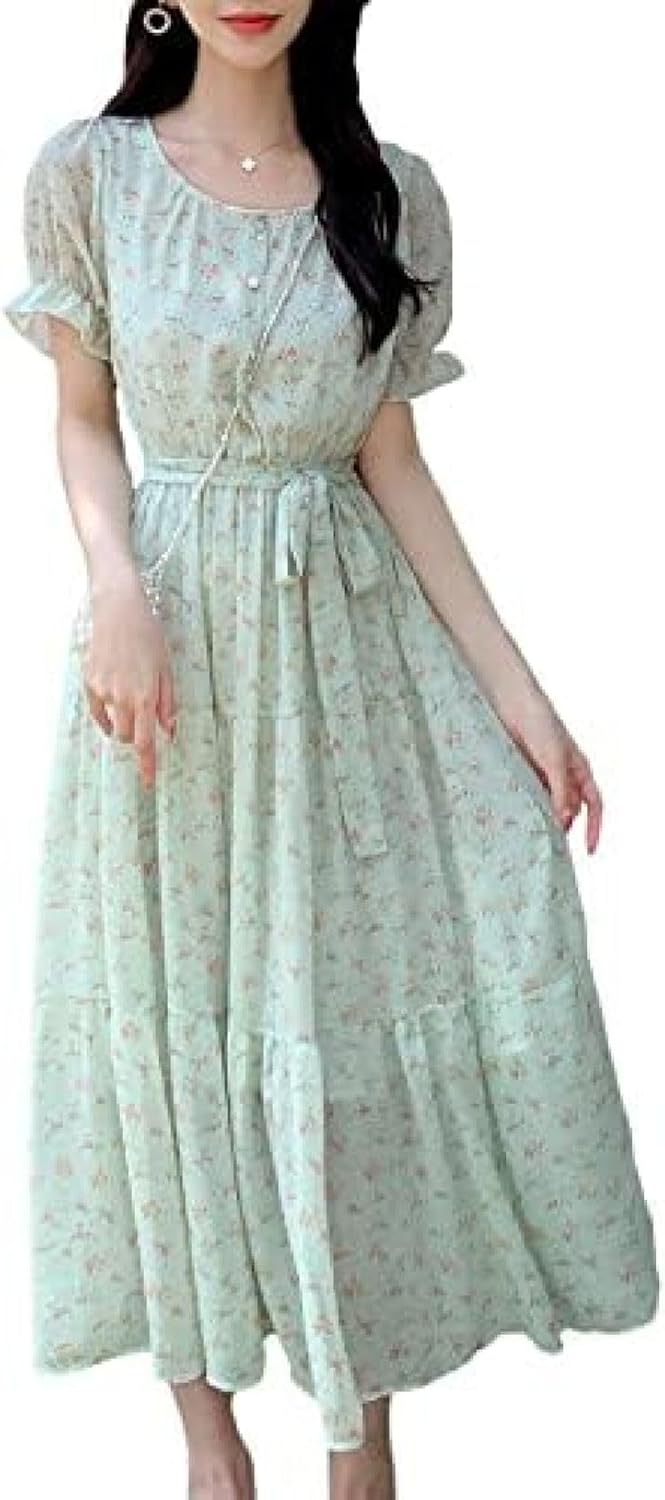 ワンピース 夏 レディース ロングワンピース シフォン 花柄 ドレス 可愛い ミモレワンピース 大人 カジュアルワンピース Aライン おしゃれ きれいめ