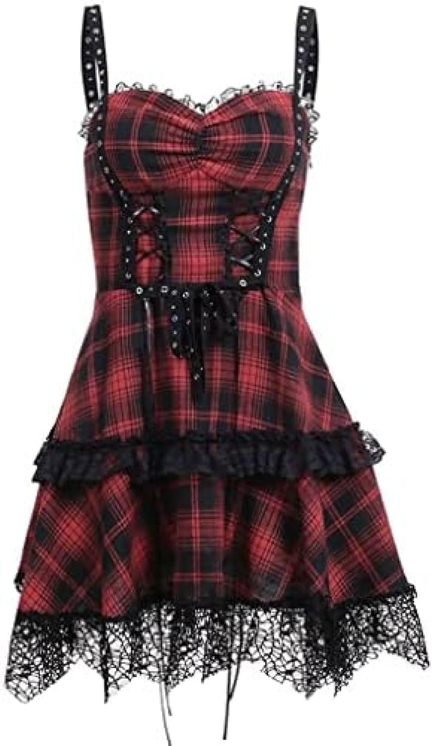 ミニワンピース レースワンピ ミニドレス サマードレス 夏ワンピ レディース スリングドレス パンク風 袖なし ワンピース 膝上 ドレス ゴシック風 洋服 ロリータ服 ゴスロリ 仮装 ステージ衣装｜GOTO funny 店