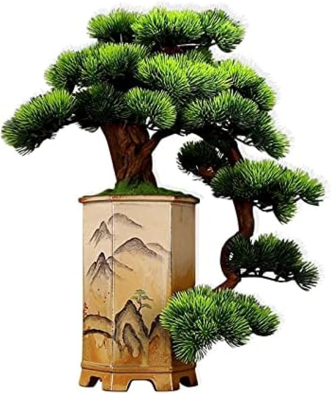 室内装飾用の人工観葉植物 22インチ フェイク盆栽 鉢植え 人工盆栽 黄土セラミックポット付き 家庭やオフィスの装飾 テーブル デスク 偽の植物