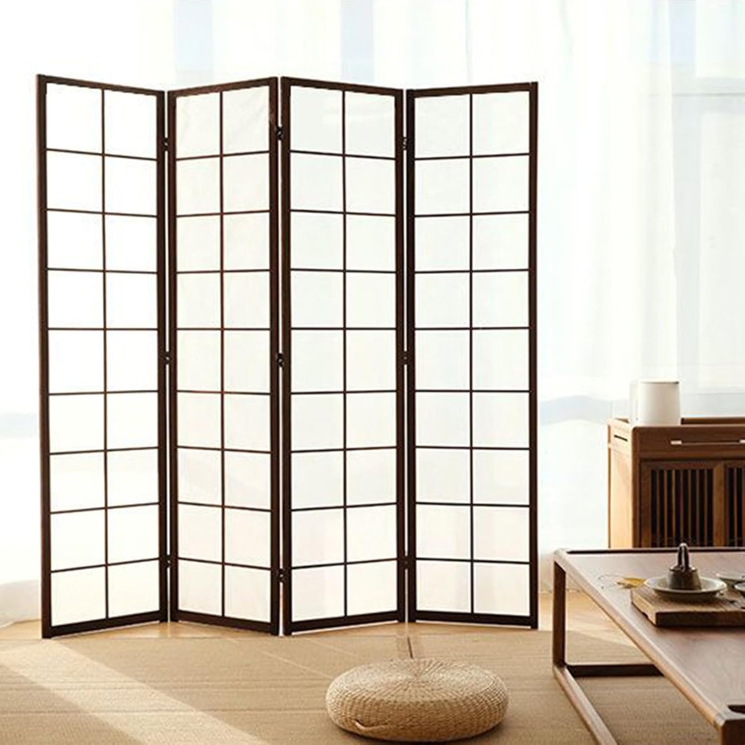 包みかくし 衝立 机 中仕切り パーテーション 独立独歩 4連 高さ180糎 執務室 180*45*4 テレ細工物 遮光 日よけ 折りたたみ 黒いこと 軽さ 喫茶店室外 縁側 在宅細工物 映写幕