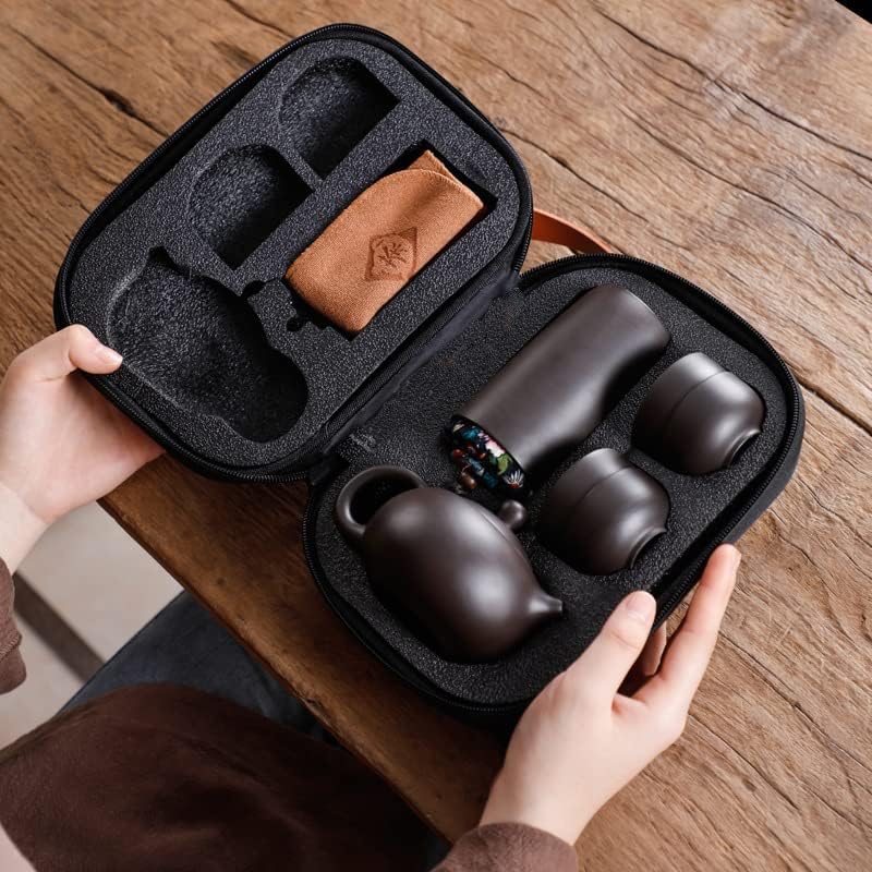 お茶 セット 紫砂壷 工夫茶道具 旅行茶道具携帯 ポット、4つのコップに、茶罐、中華 伝統 茶器