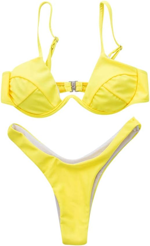 女性用 スカラップ 水着 セクシー プッシュアップ パッドなし ビキニセット 女性用 バンデージ 水着 水着 - イエロー スモー｜GOTO funny 店