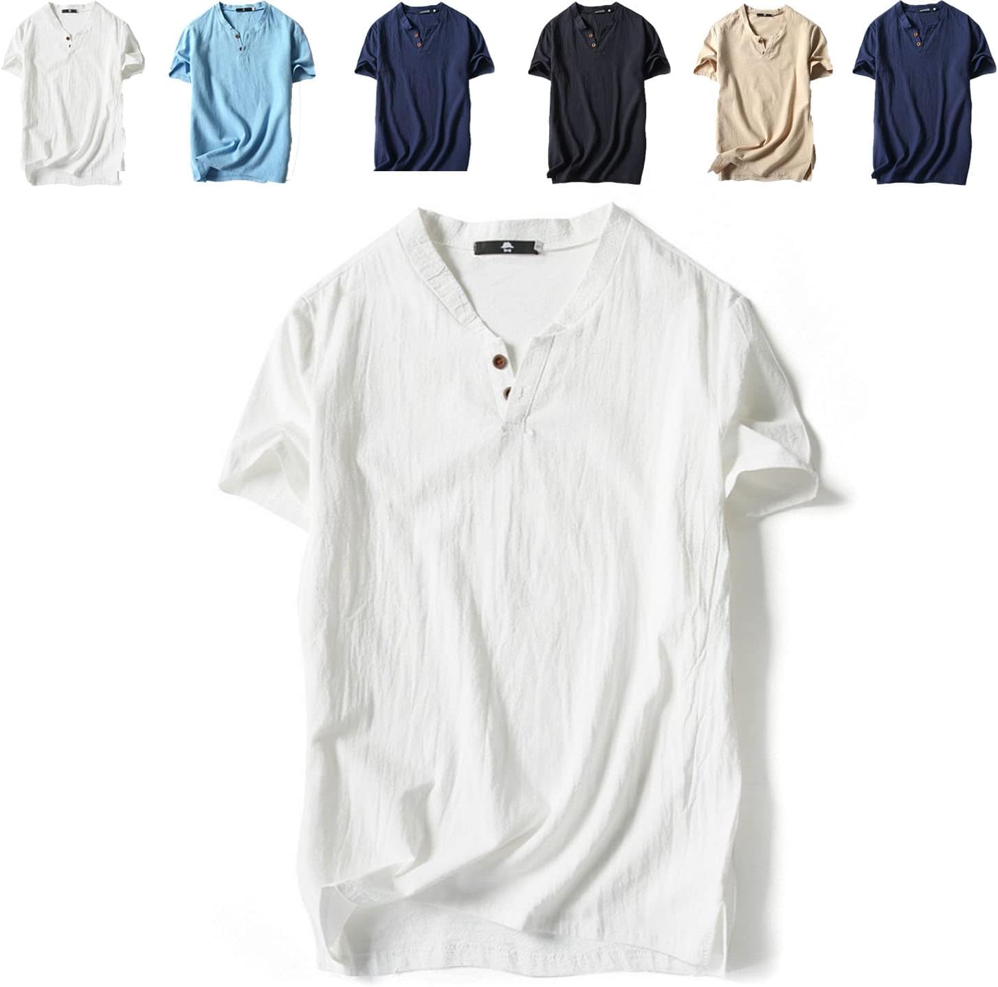 リネンTシャッ 出どころは麻100%を当て嵌める、ヘンリーのど首 で分かりやすい着飾るに メンズ 夏 半袖 綿 肌付きプルオーバー トップス ゆった メンズファッション-トップス
