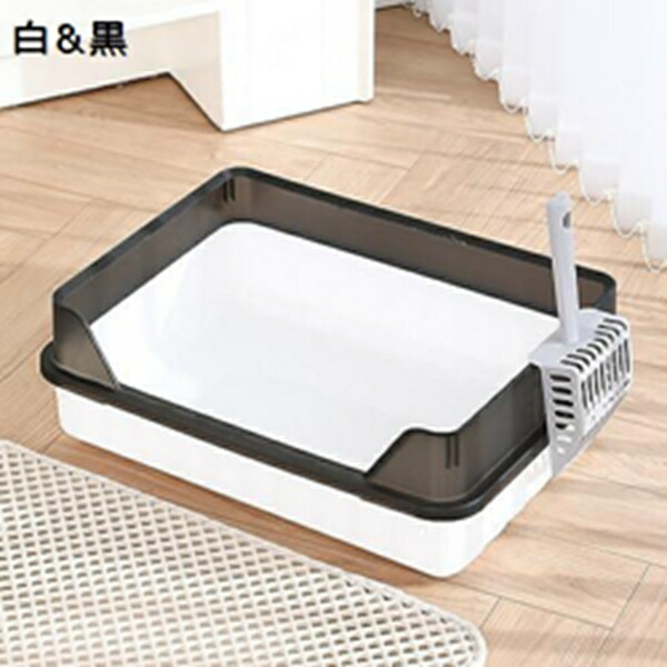 購入25％OFF 猫用トイレ本体 50*36*16cm 半密閉型 オープンタイプ 猫トイレ フェンスを高く スコップ付き 大きめ 漏れ防止 耐久性 砂の飛び散り防止 大きめ 組み立て不要 清潔便利 厚み 全年齢猫用 白＆黒 臭わない｜GOTO funny 店