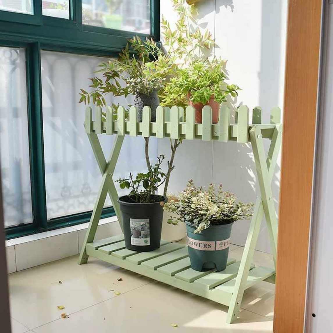 フラワースタンド 花台 玄関 120*37*71 飾り棚 室内 色2 おしゃれ プランタースタンド アイアン 観葉植物 棚 2段 青 木の色 グリーン 飾り台 スリム フラワー ラック フラワーポット|GOTO funny 店