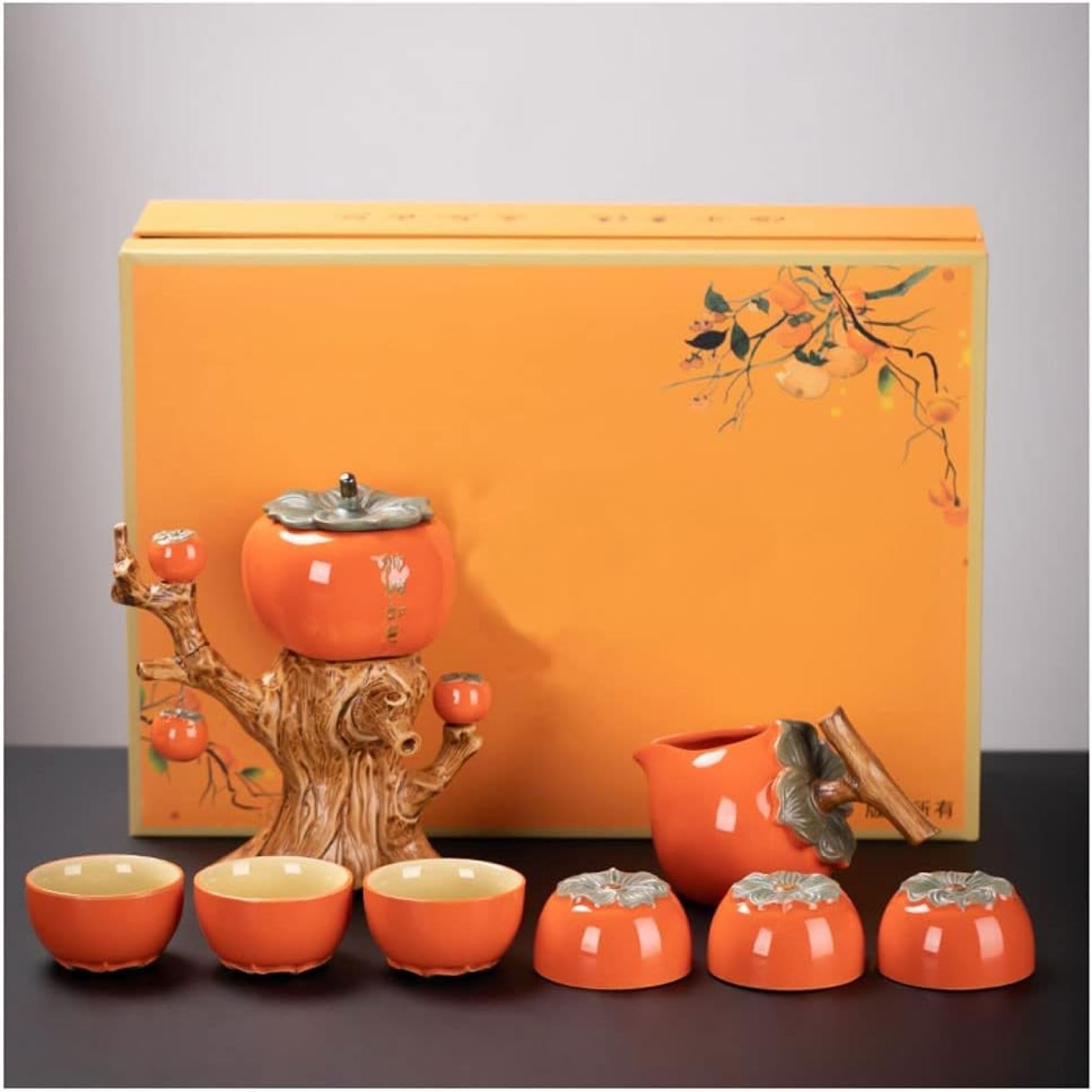 中国茶器セット ティーカップ セット 紅茶 ポット 湯呑み セット セラミックカンフーティーセット　柿ルイデザインティーセット　ストレーナー付き　セラミックティーポット｜GOTO funny 店