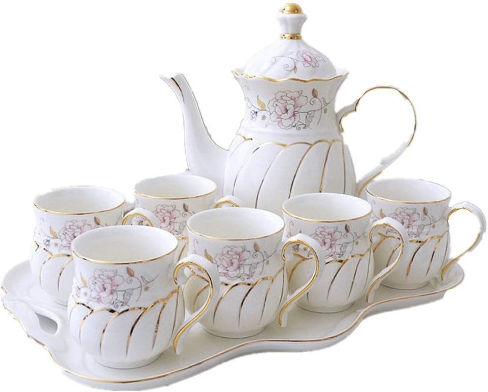 ティーポット 6つのピースカップ　お茶セット　ゴールドトリム　施釉陶器　コーヒー　紅茶サービス　トレイ8個のアフタヌーンティーカップ　グラス　コーヒーセット　カップ　ソーサーセット 中国茶器｜GOTO funny 店