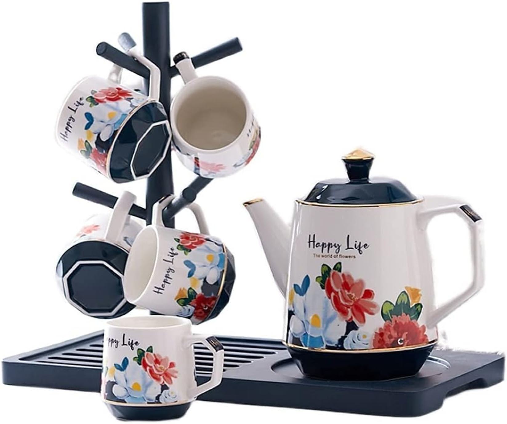 磁器製コーヒーカップ 北欧のティーポットセット シンプルな家庭用ティーメーカーティーセット コーヒーマグセット 6カップ付き 棚付きセラミックティーポットセット 午後のティーパーティー ウェディン