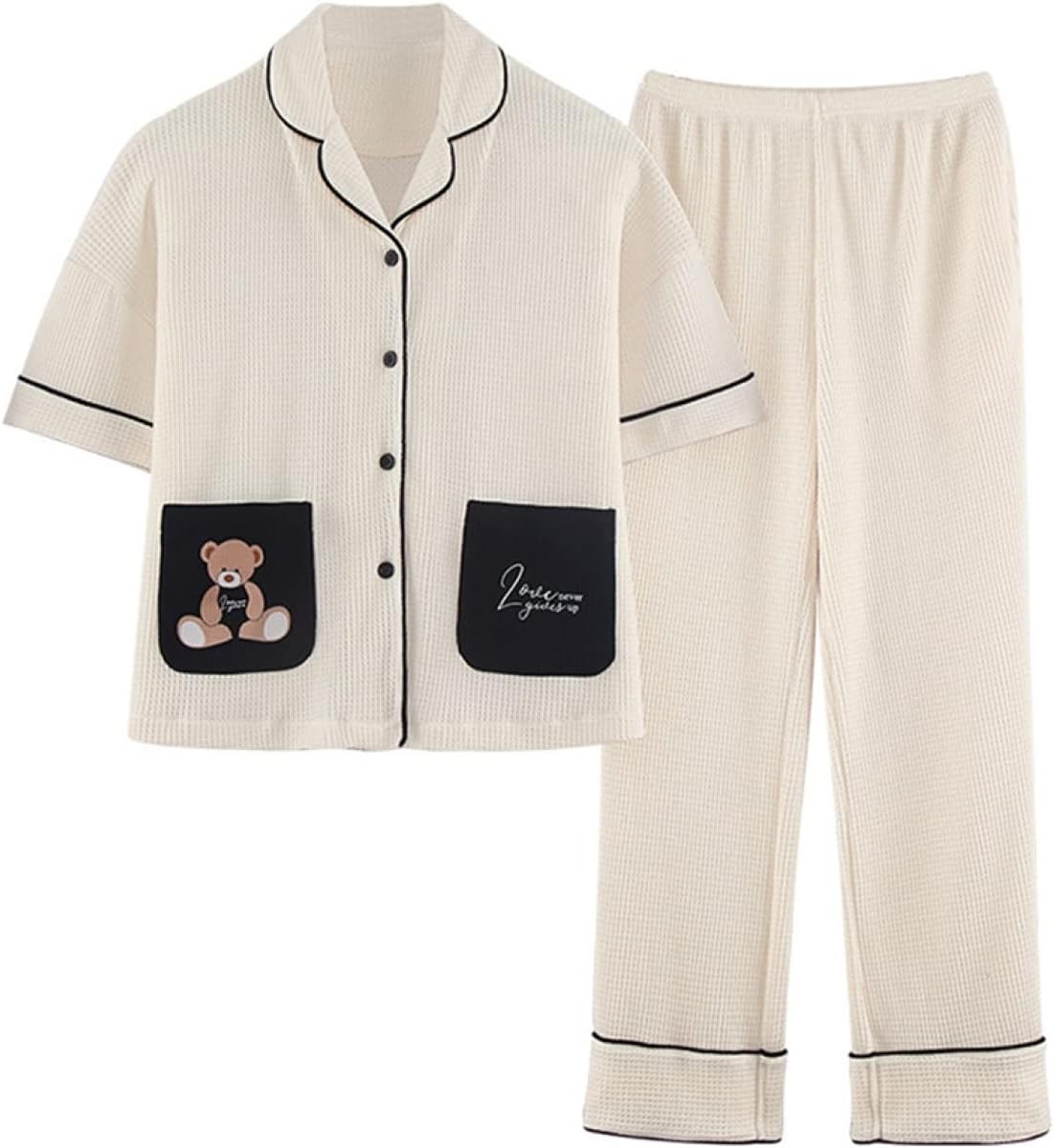 ルームウェア レディース 大きいサイズ M～3XL パジャマ ニット綿 春秋 姫系 半袖 長ズボン 部屋着 寝間着 便利服 日系 2点セット 可愛い 熊柄 高校生パジャマ 女性 女の子 ナイトウェア