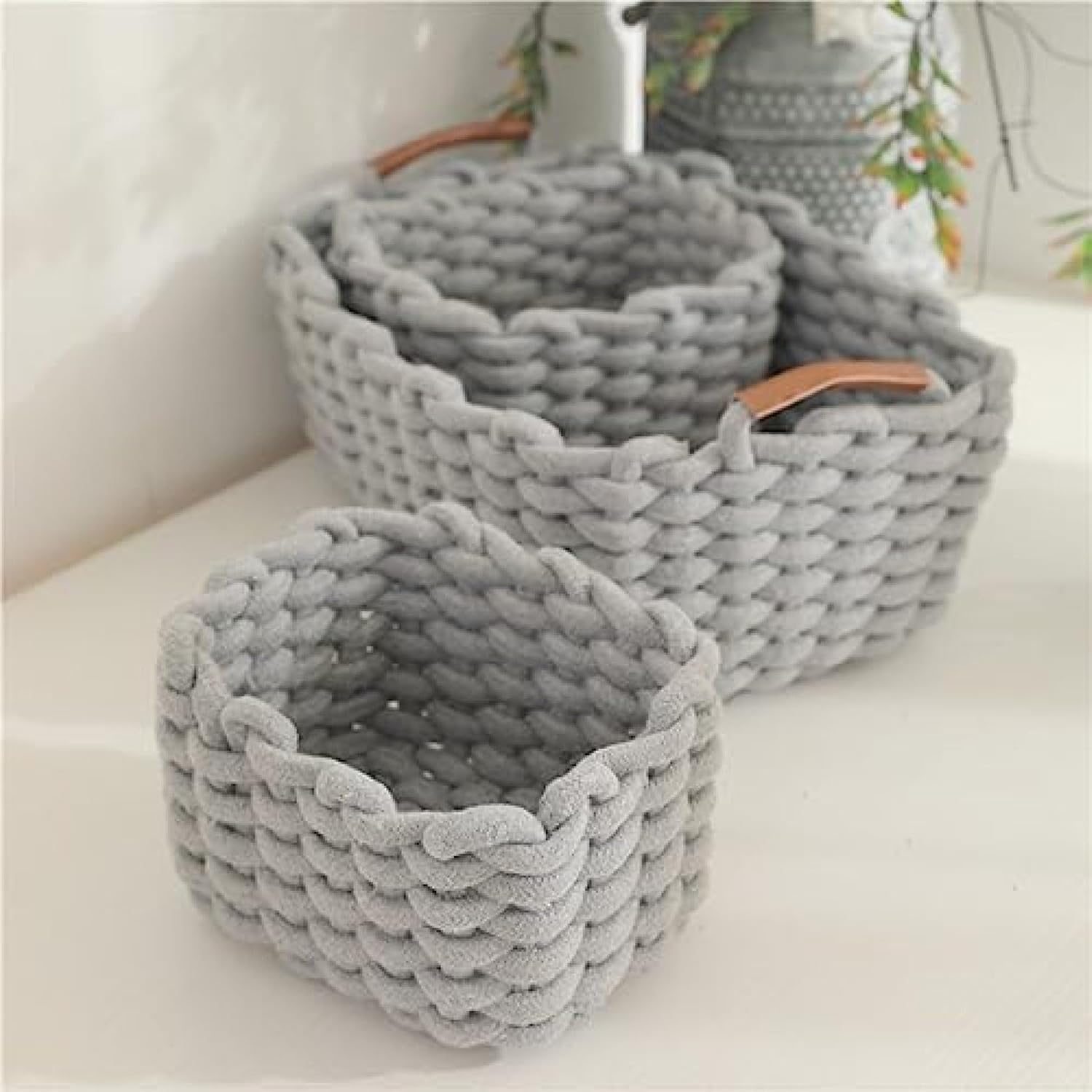 収納かご 収納バスケット 収納ケース グレー 卓上 小物入れ 持ち手付き 収納ボックス コットンロープ織り 雑貨収納 玄関収納 北欧 おしゃれ 収納用品 ストレージバスケット おもちゃ収納 タオル 衣
