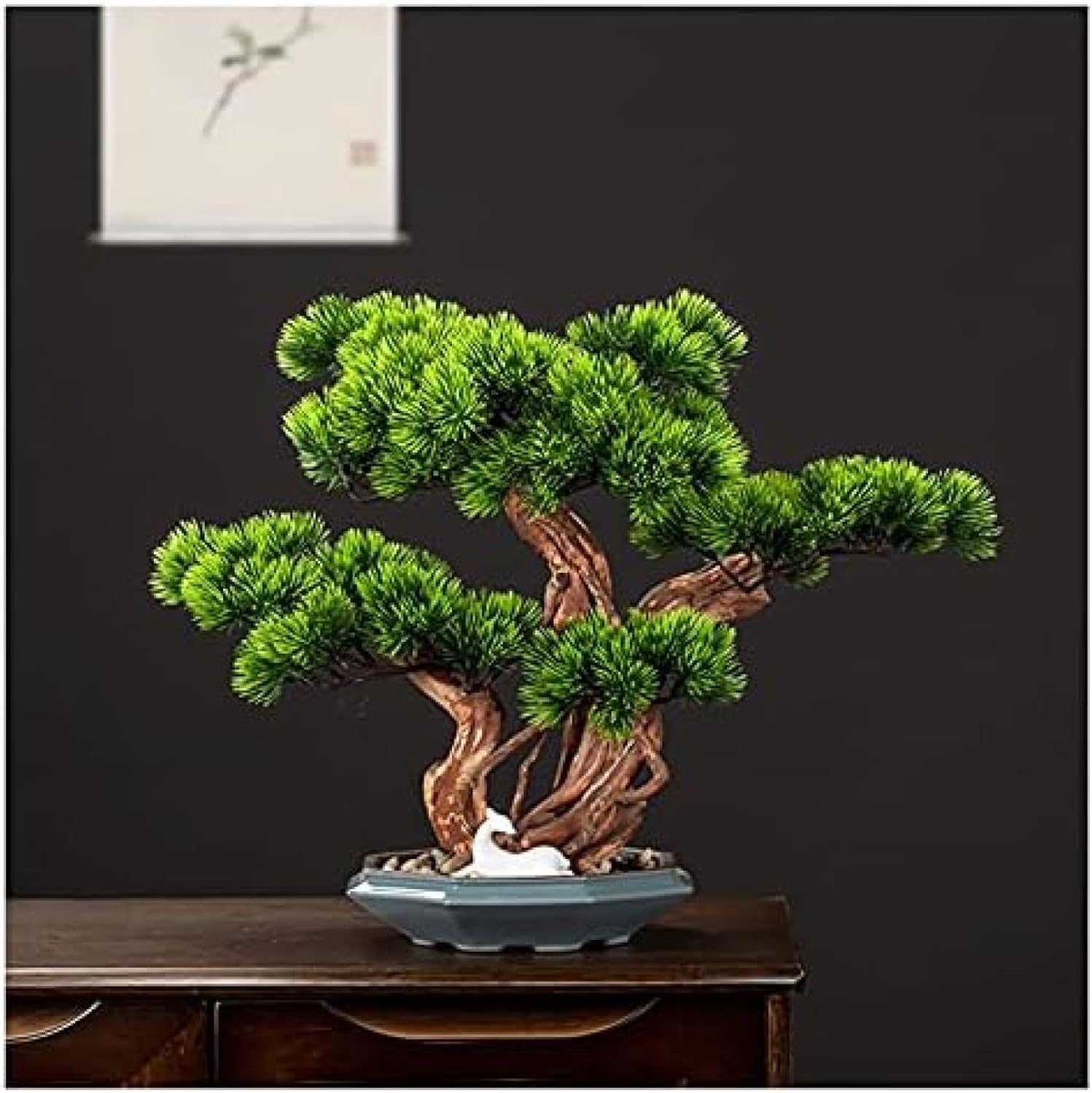 人工観葉植物 15インチの背の高い人工的な松の盆栽、エントランスのリビングルームのホテルの装飾の植物のための新しい中国の装飾的な緑の偽の木の鉢植えの植物 人工盆栽