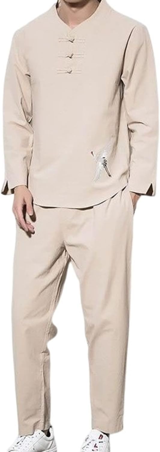 セットアップ メンズ 上下2点セット 綿麻 M～5XL 長袖 ティシャツ Vネック カーディガン トップス サルエルパンツ ロングパンツ 長ズボン おしゃれ 部屋着 Tシャツ 春秋 男性用 通気性 カ
