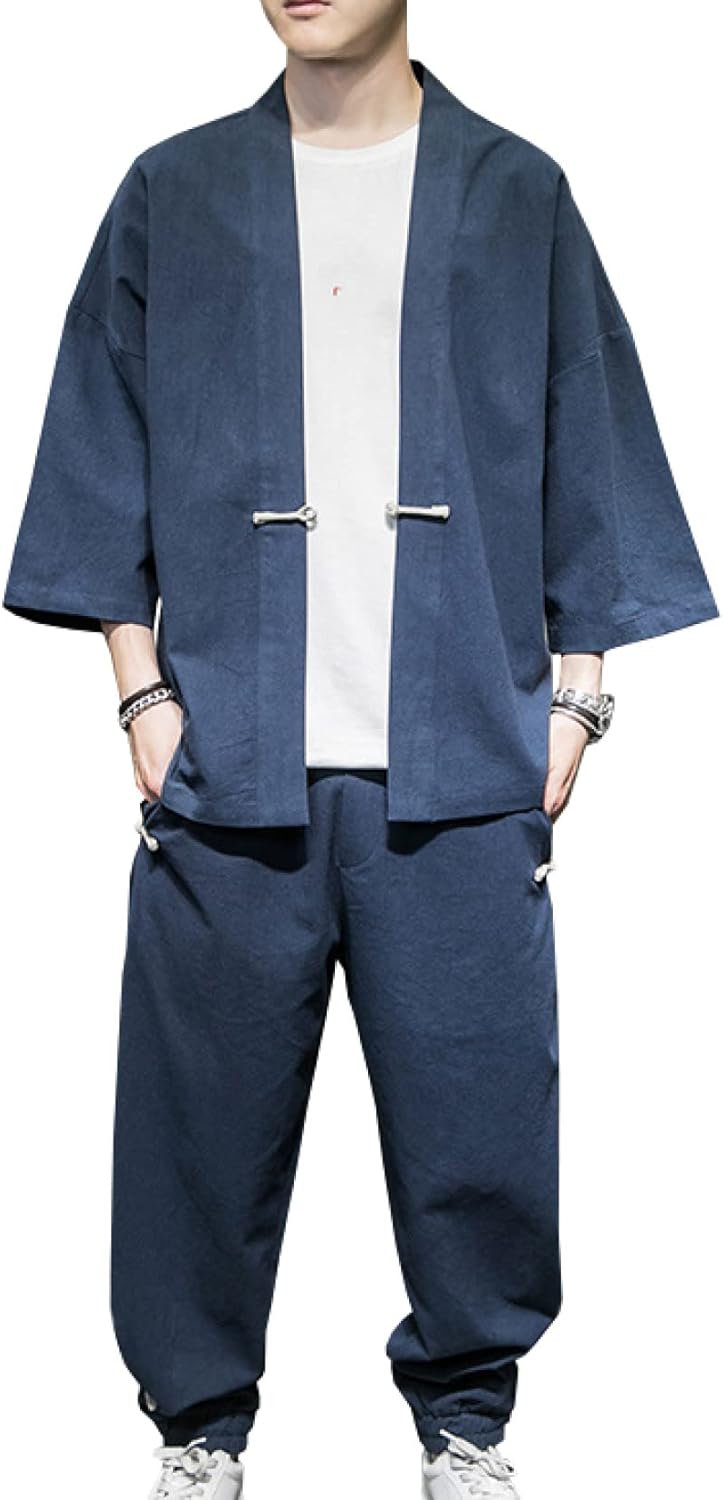 メンズ 上下2点セット 羽織 M～5XL 綿麻 カーディガン 七分袖 ワイドパンツ ロングパンツ カジュアル ゆったり 花火大会 夏祭り イベント 大きいサイズ おしゃれ 通気性 涼感 部屋着 夏服