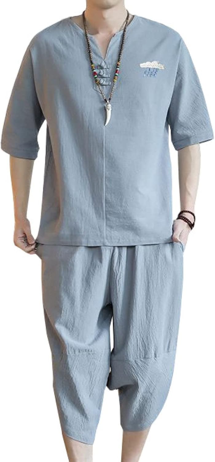 メンズ 上下2点セット 七分丈 半袖（五分袖） ティシャツ 綿麻 トップス サルエルパンツ M-5XL おしゃれ 大きいサイズ 部屋着 Tシャツ 夏服 男性用 夏祭り 花火 大会 通気性 涼感 カジュ