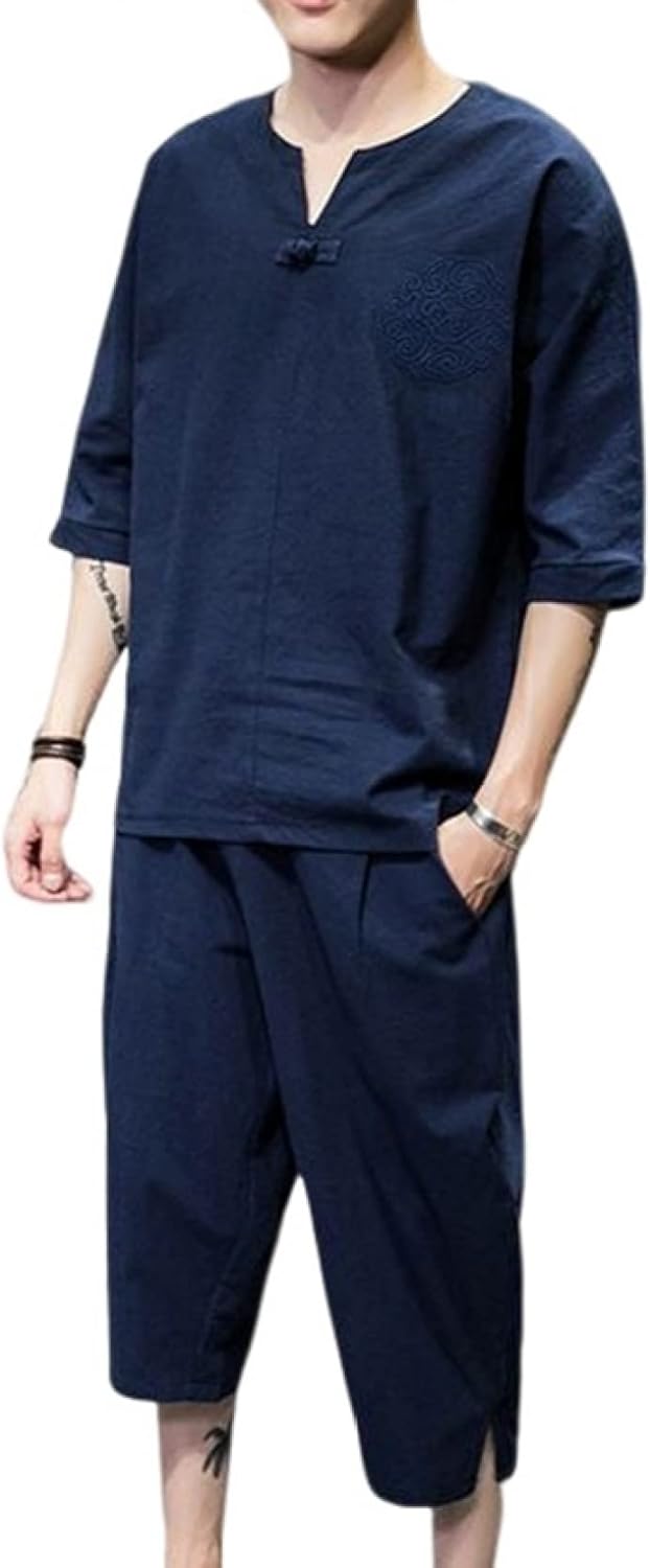 セットアップ メンズ 上下2点セット M～5XL 七分丈 半袖 ティシャツ 綿麻 トップス サルエルパンツ おしゃれ 大きいサイズ 部屋着 Tシャツ 夏服 男性用 夏祭り 花火 大会 通気性 涼感 カ