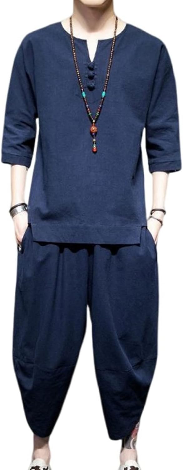 セットアップ メンズ 上下2点セット M～5XL 七分丈 半袖 ティシャツ 綿麻 トップス サルエルパンツ おしゃれ 大きいサイズ 部屋着 Tシャツ 夏服 男性用 夏祭り 花火 大会 通気性 涼感 カ｜GOTO funny 店