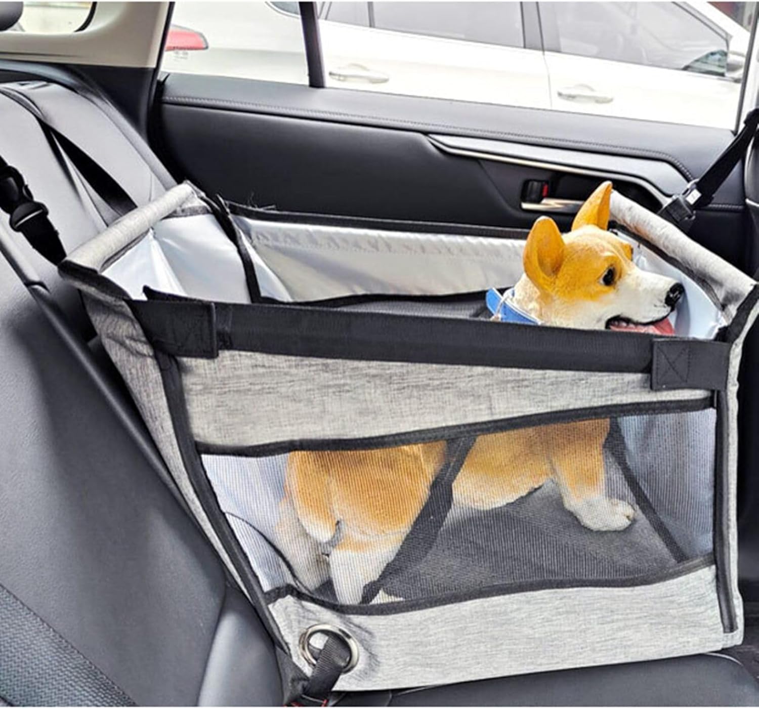 ペットドライブボックス 車用 犬 猫手伝い手席用 シートベルト付き添い人 中型 小型犬 メッシュ 折りたたみ 上滑り打ち切り 耐摩耗 取りはらい能力のある 洗い濯ぎ能力のある 防汚 犬 愛玩動物持ちはこび 通院 春夏秋冬用 お出かけ グレ